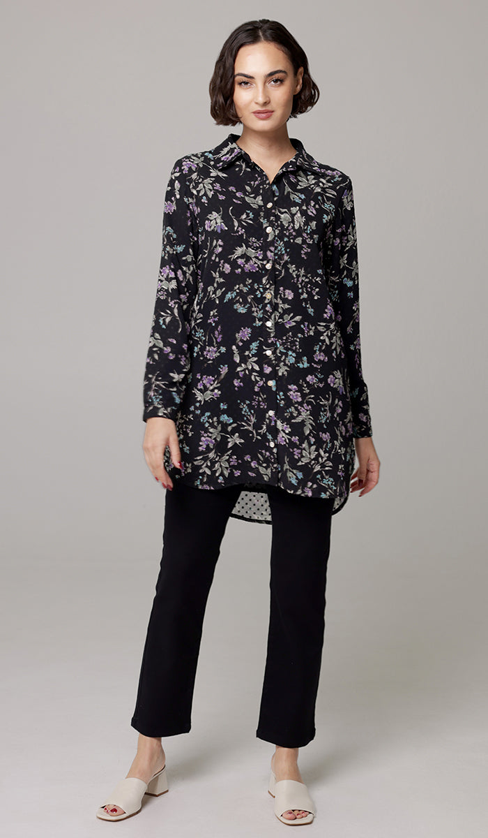 Marwa Chiffon Print Long Button down Shirt - Black/Multi Floral - PREORDER (ships in 2 weeks)