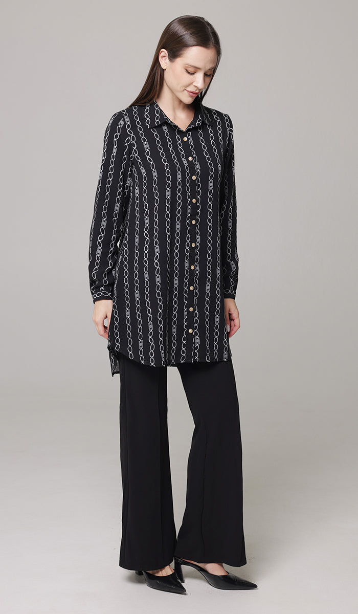 Marwa Chiffon Print Long Button down Shirt - Black/White - PREORDER (ships in 2 weeks)