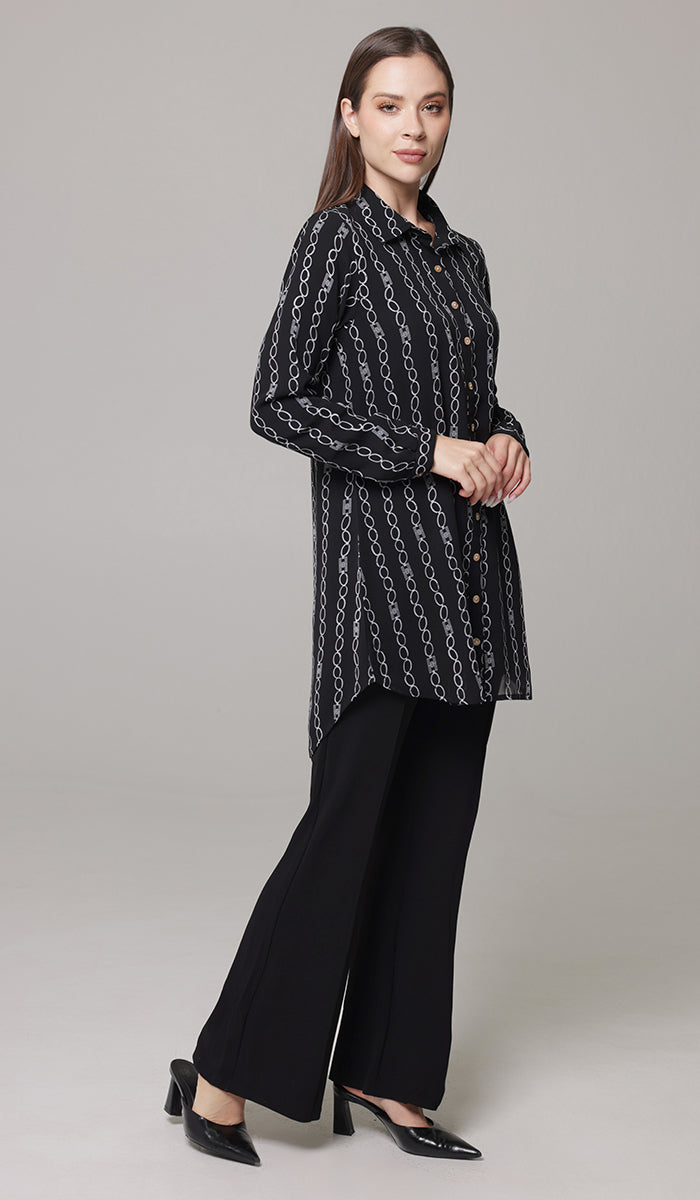 Marwa Chiffon Print Long Button down Shirt - Black/White - PREORDER (ships in 2 weeks)