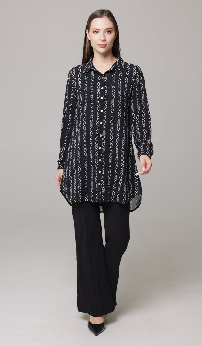 Marwa Chiffon Print Long Button down Shirt - Black/White - PREORDER (ships in 2 weeks)