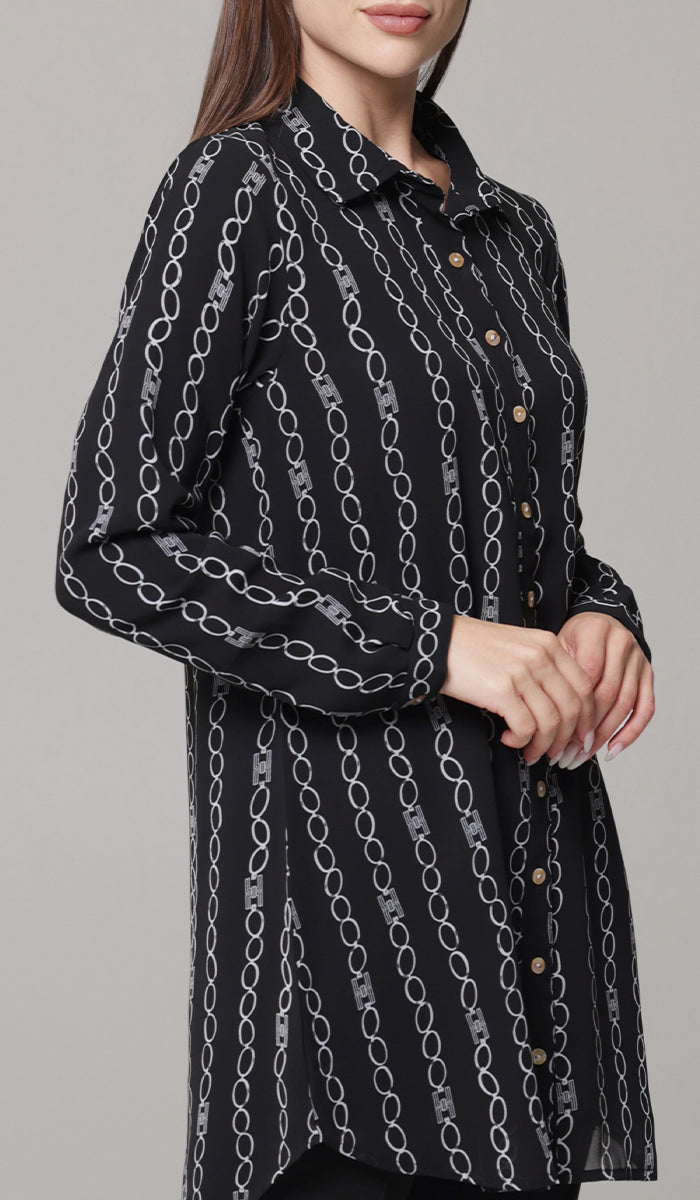 Marwa Chiffon Print Long Button down Shirt - Black/White - PREORDER (ships in 2 weeks)