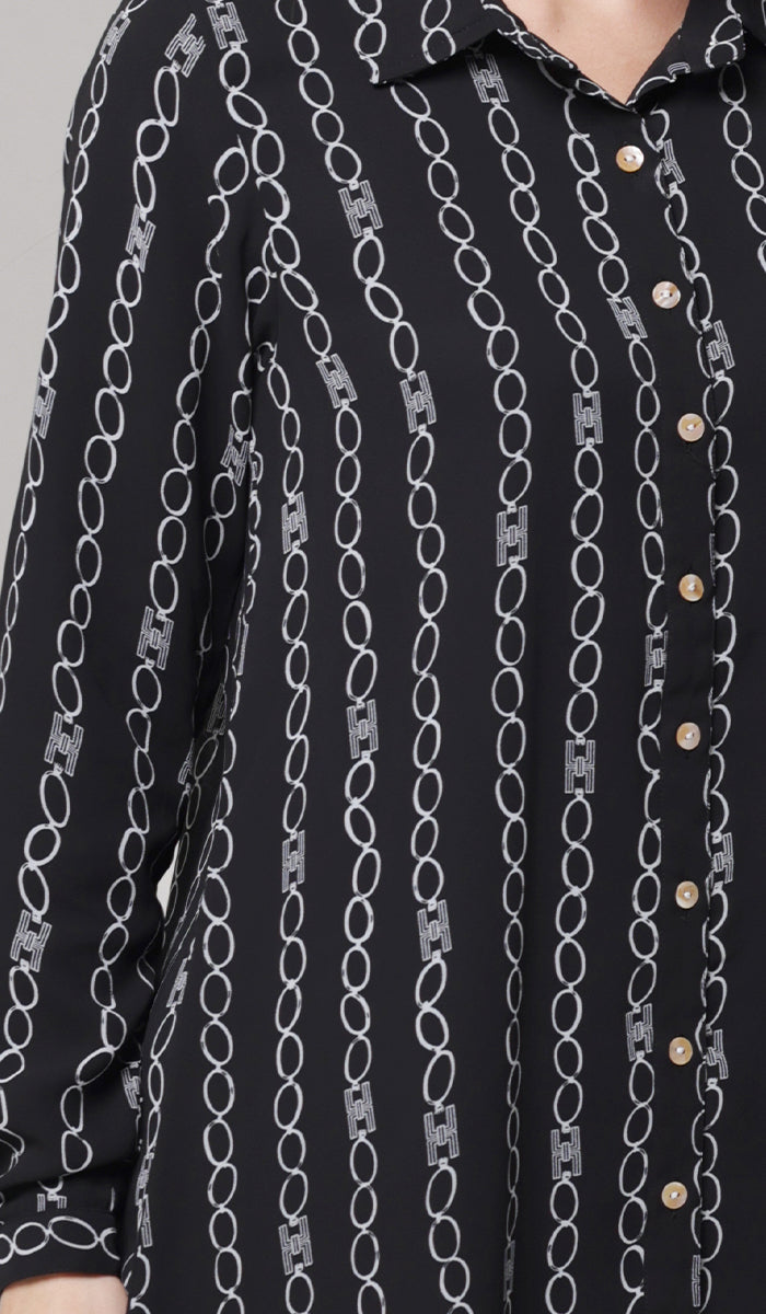 Marwa Chiffon Print Long Button down Shirt - Black/White - PREORDER (ships in 2 weeks)