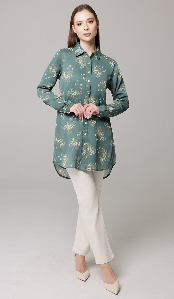 Marwa Chiffon Print Long Button down Shirt - Jade Floral - PREORDER (ships in 2 weeks)