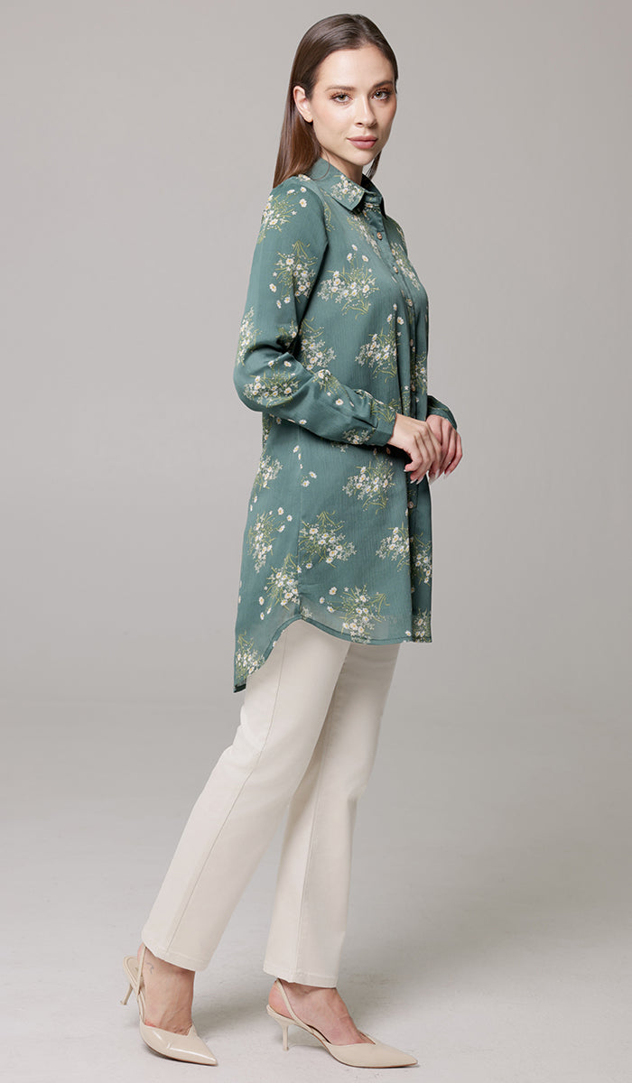 Marwa Chiffon Print Long Button down Shirt - Jade Floral - PREORDER (ships in 2 weeks)