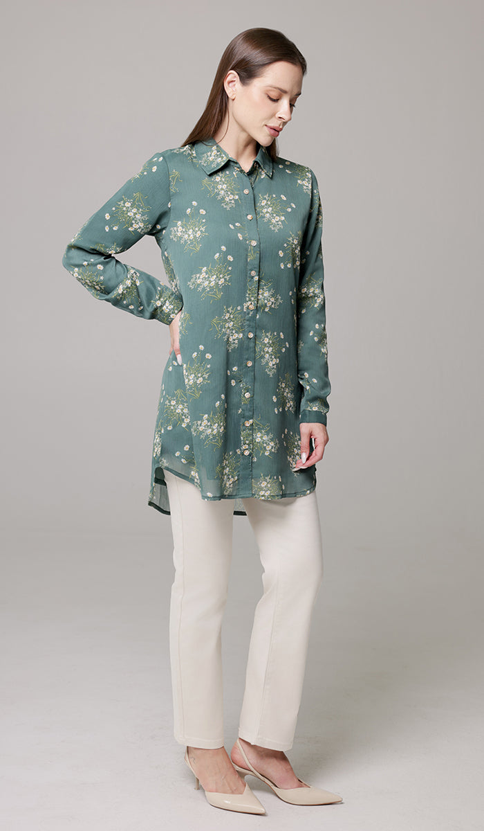 Marwa Chiffon Print Long Button down Shirt - Jade Floral - PREORDER (ships in 2 weeks)