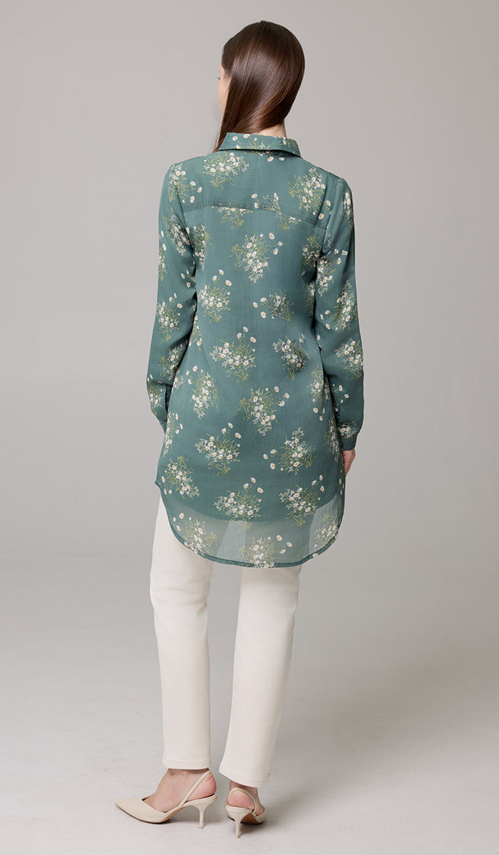 Marwa Chiffon Print Long Button down Shirt - Jade Floral - PREORDER (ships in 2 weeks)