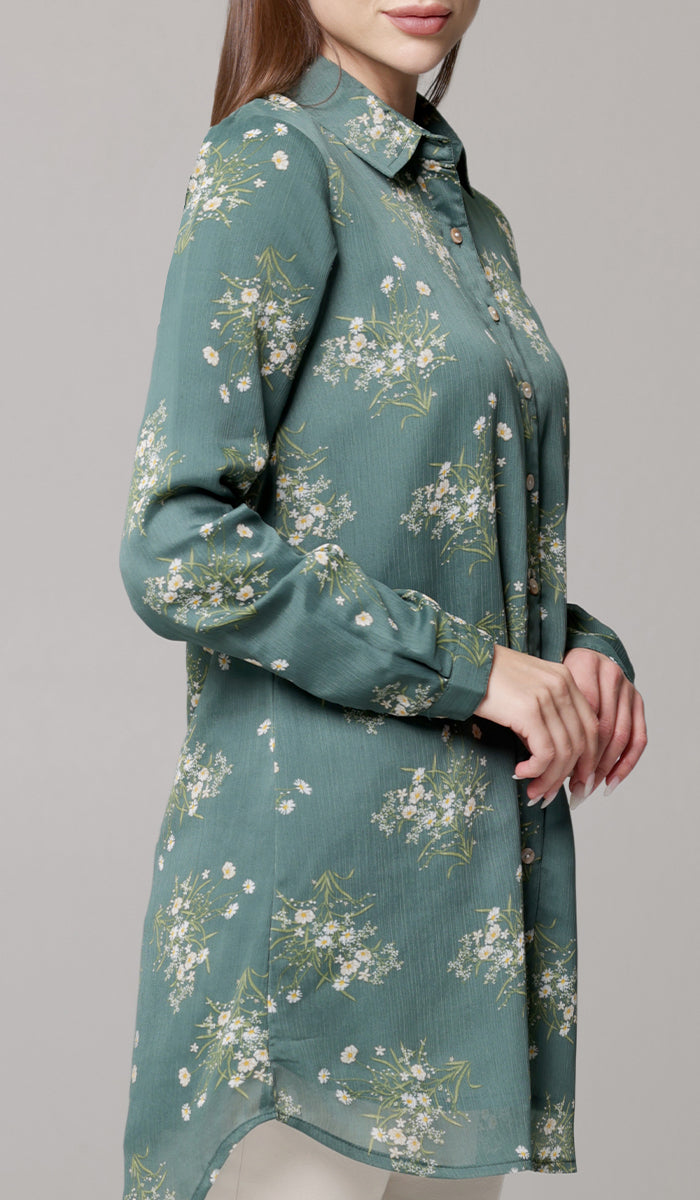 Marwa Chiffon Print Long Button down Shirt - Jade Floral - PREORDER (ships in 2 weeks)