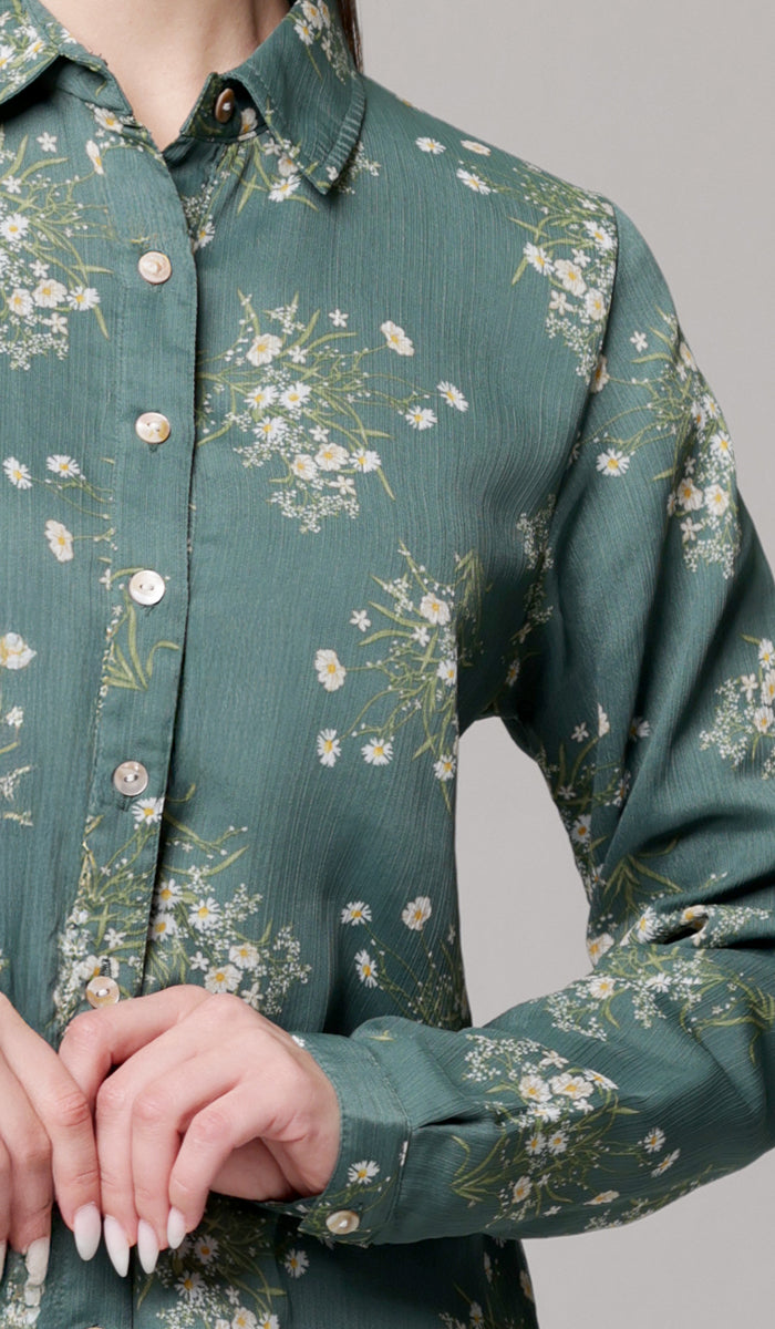 Marwa Chiffon Print Long Button down Shirt - Jade Floral - PREORDER (ships in 2 weeks)