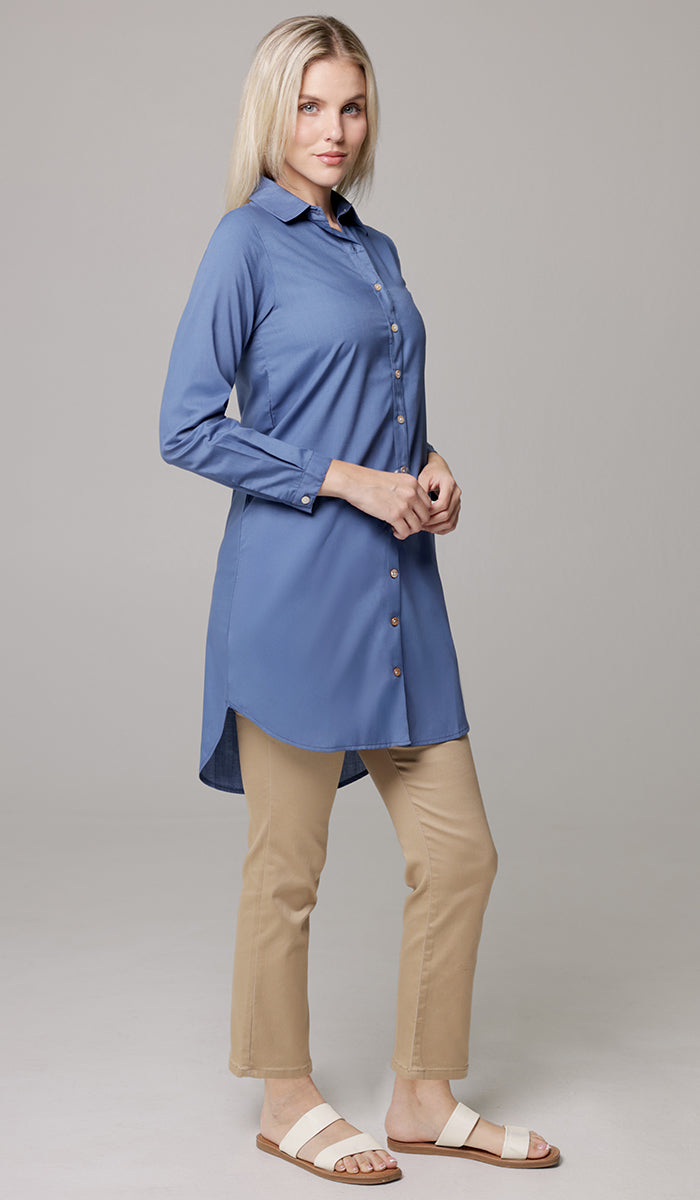 Marwa Cotton Blend Long Button down Shirt - Denim Blue - PREORDER (ships in 2 weeks)