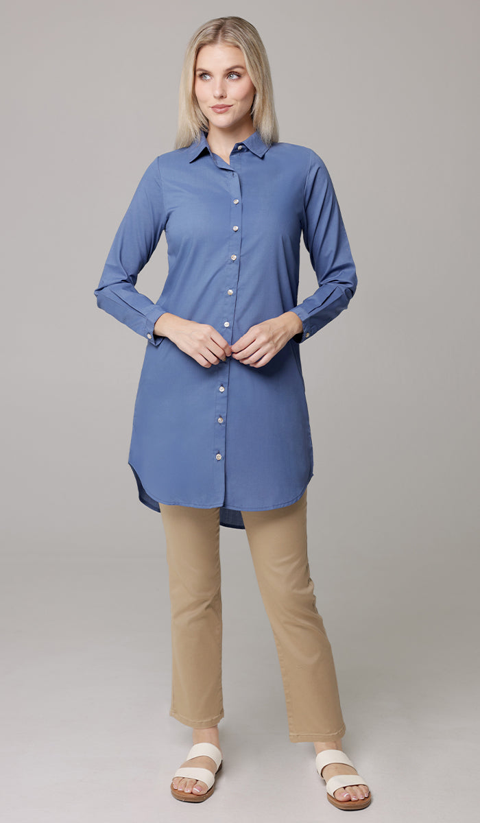 Marwa Cotton Blend Long Button down Shirt - Denim Blue - PREORDER (ships in 2 weeks)