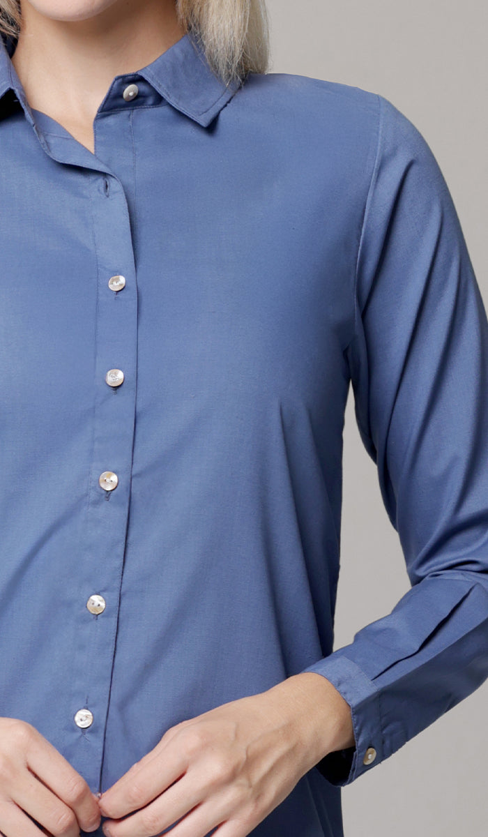 Marwa Cotton Blend Long Button down Shirt - Denim Blue - PREORDER (ships in 2 weeks)