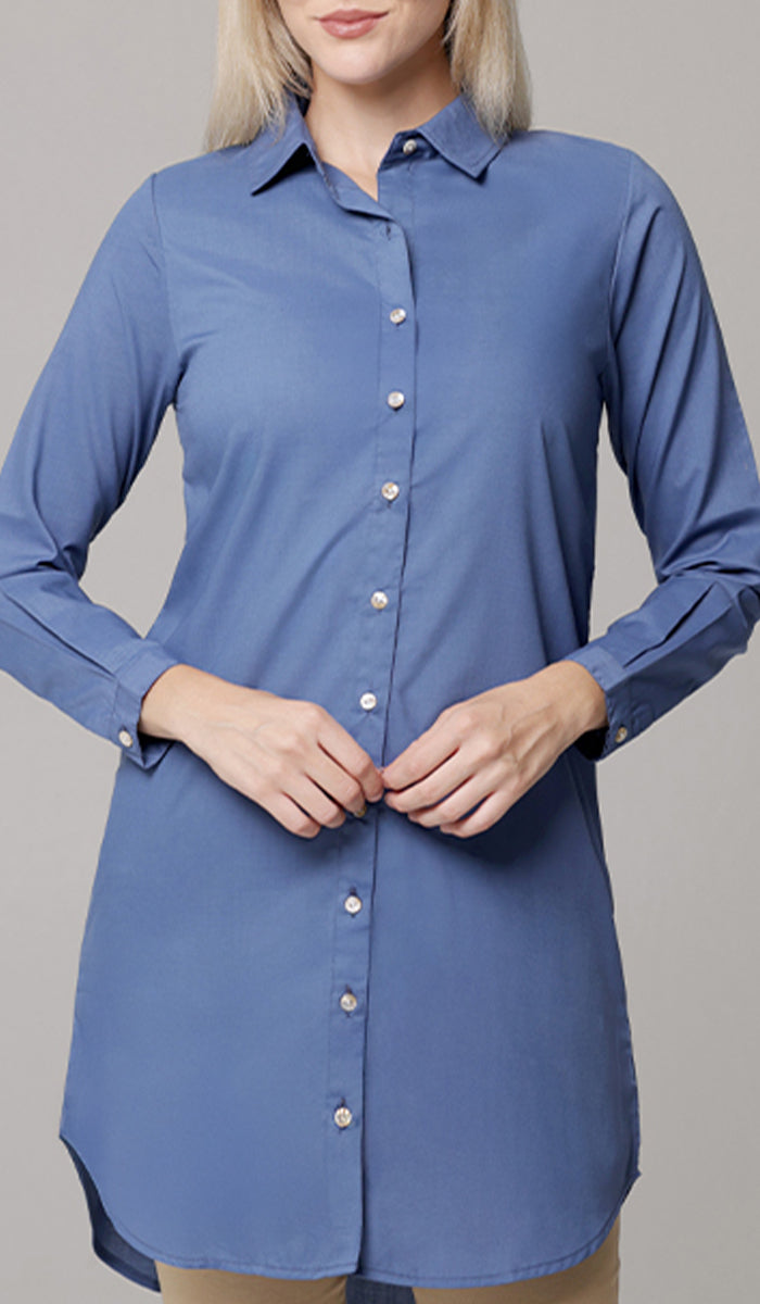 Marwa Cotton Blend Long Button down Shirt - Denim Blue - PREORDER (ships in 2 weeks)