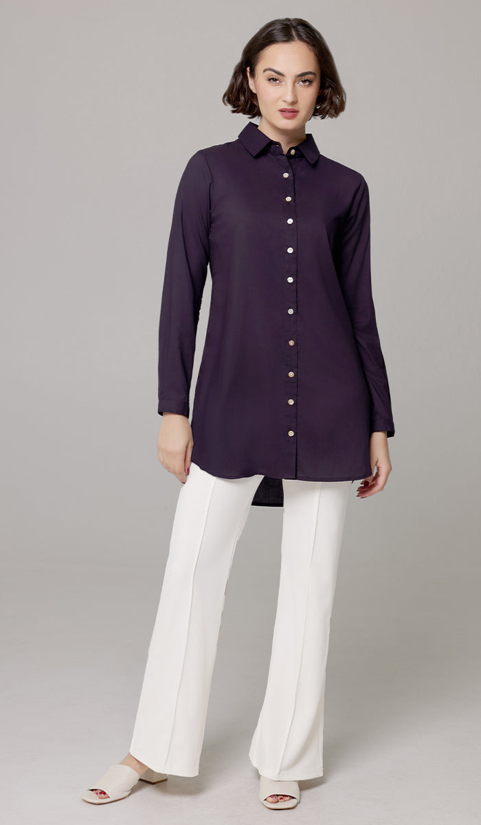 Marwa Cotton Blend Long Button down Shirt - Dark Purple