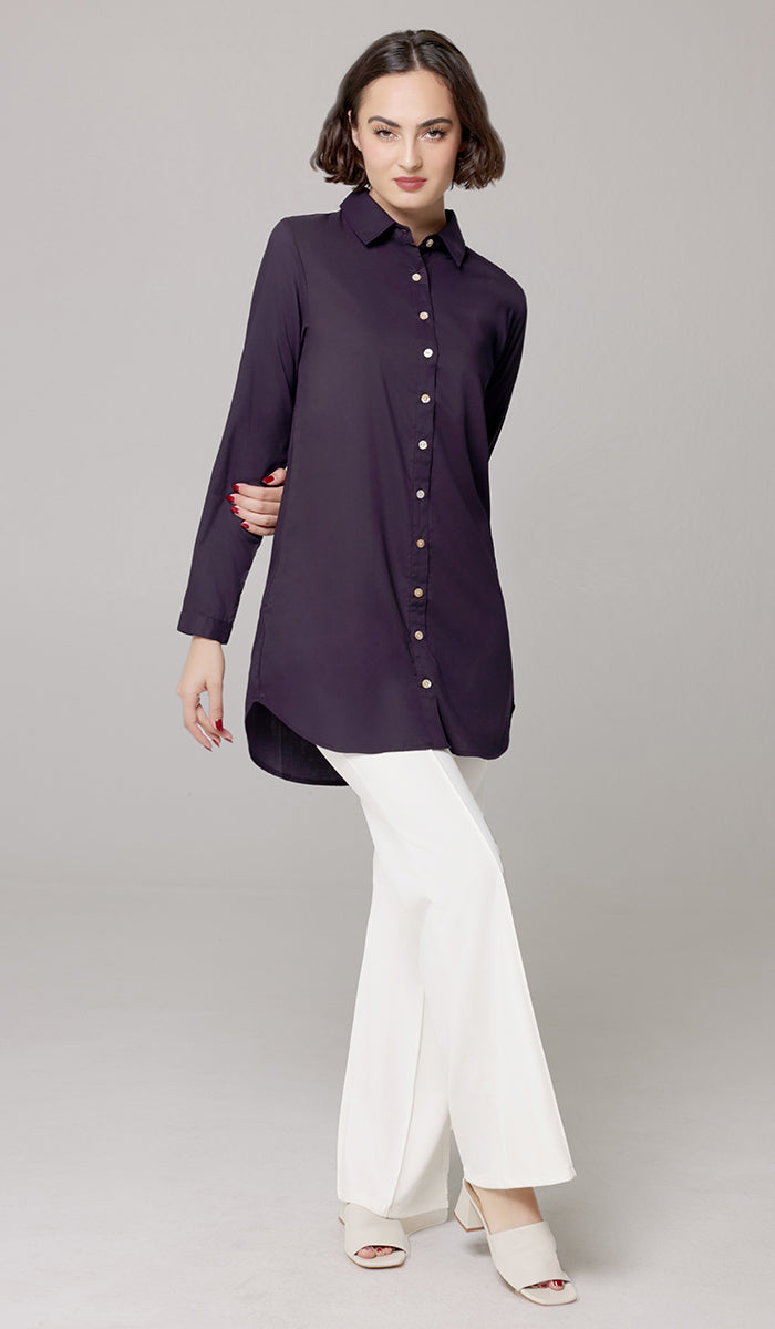 Marwa Cotton Blend Long Button down Shirt - Dark Purple