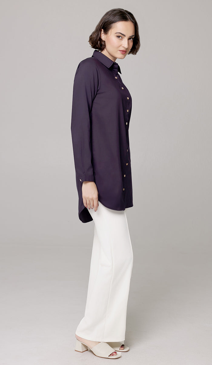 Marwa Cotton Blend Long Button down Shirt - Dark Purple