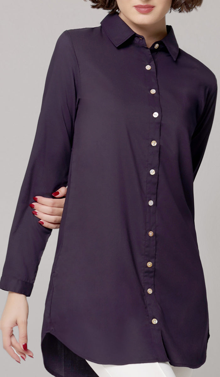 Marwa Cotton Blend Long Button down Shirt - Dark Purple