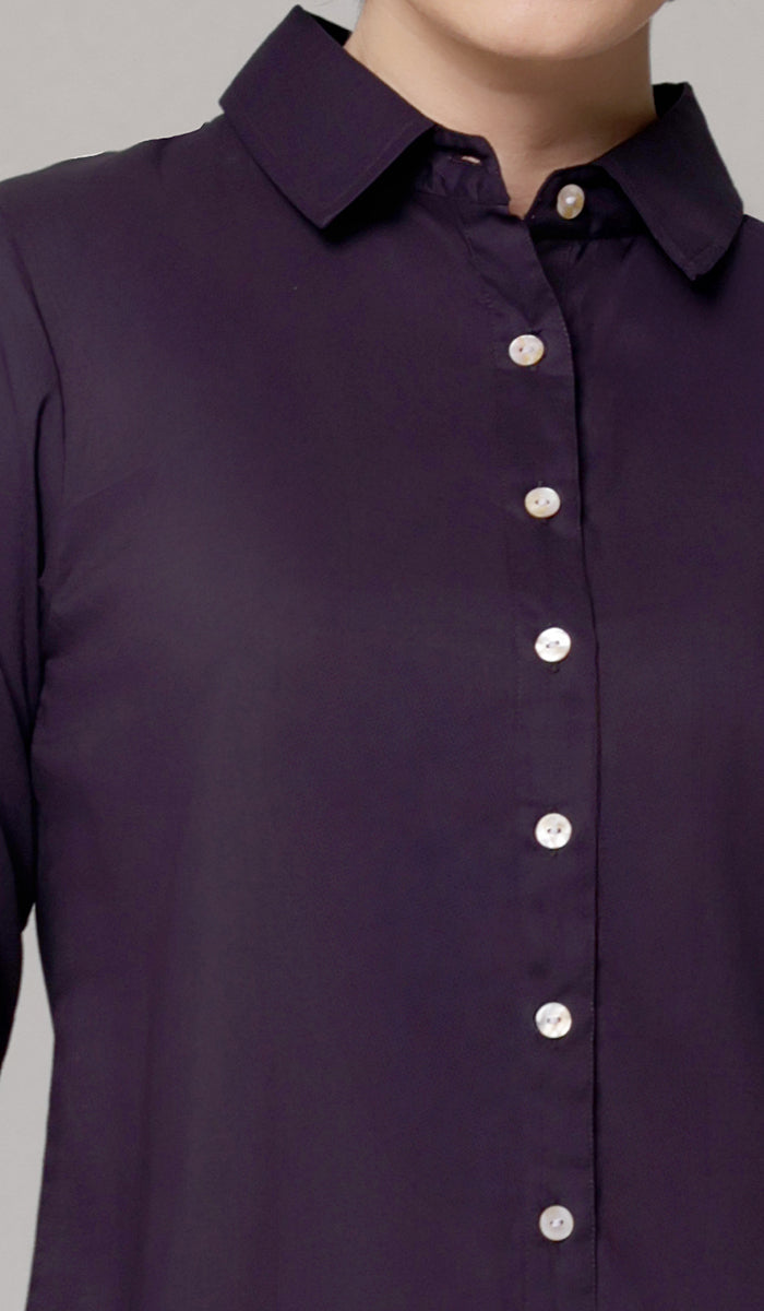 Marwa Cotton Blend Long Button down Shirt - Dark Purple