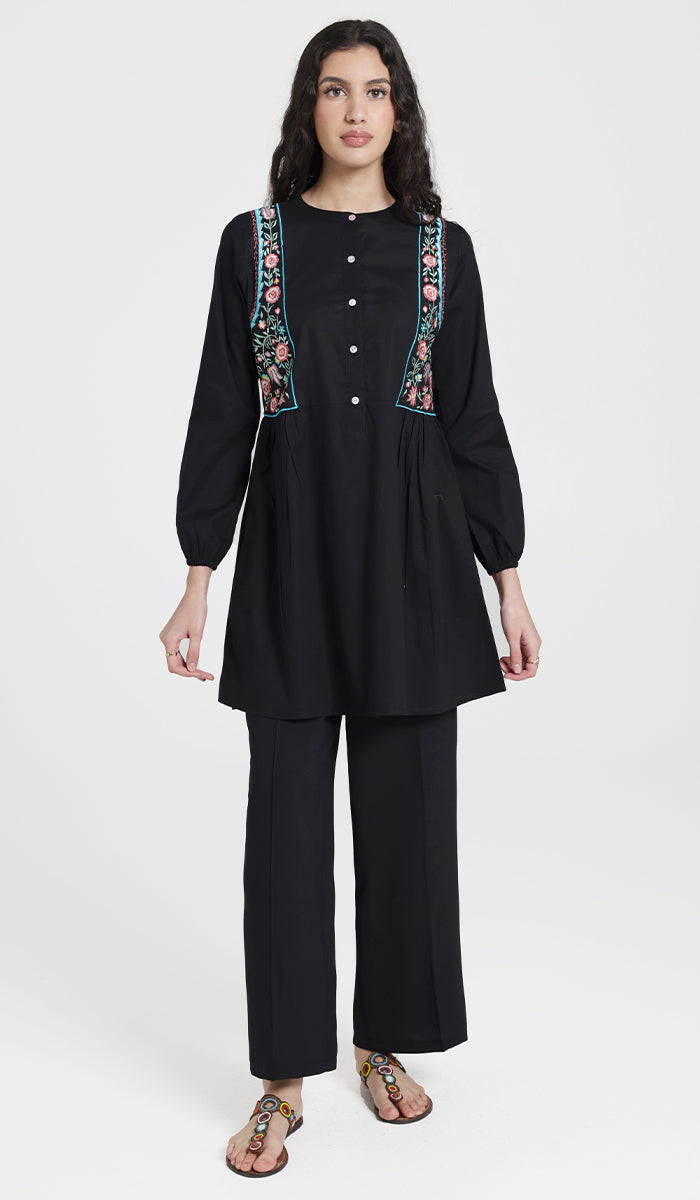 Marzo Embroidered Cotton Modest Buttondown Tunic - Black