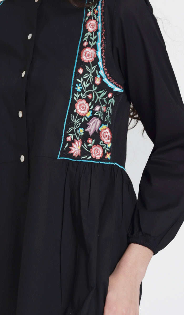 Marzo Embroidered Cotton Modest Buttondown Tunic - Black