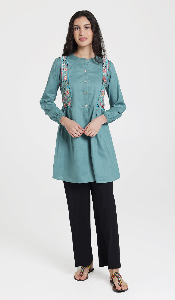 Marzo embroidered cotton modest buttondown tunic seagreen.