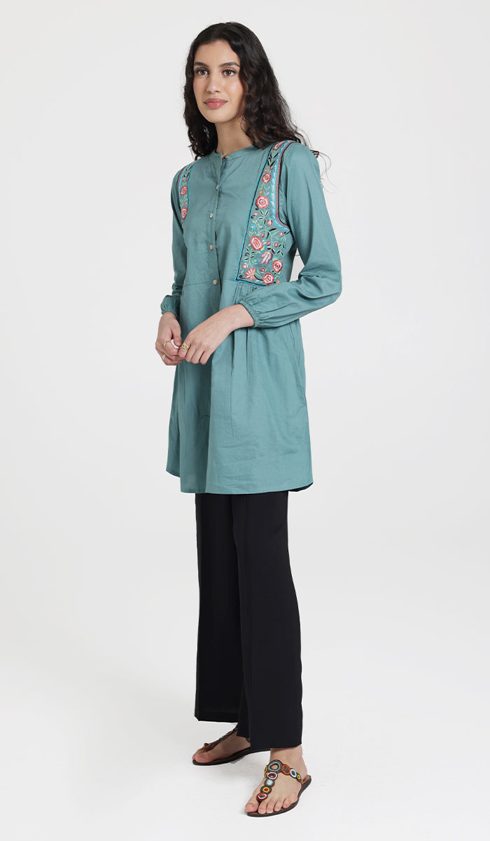 Marzo embroidered cotton modest buttondown tunic seagreen.