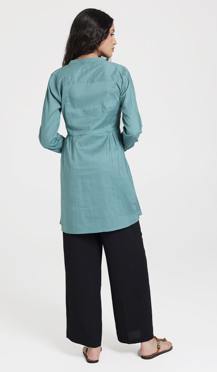 Marzo embroidered cotton modest buttondown tunic seagreen.