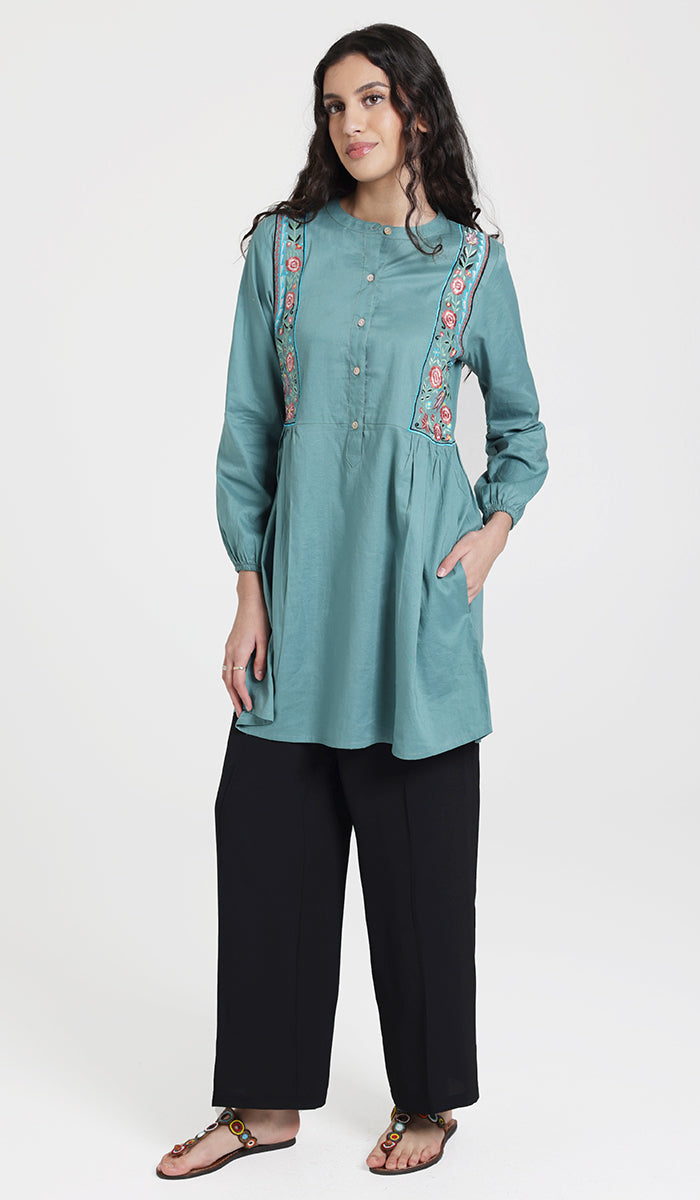 Marzo embroidered cotton modest buttondown tunic seagreen.