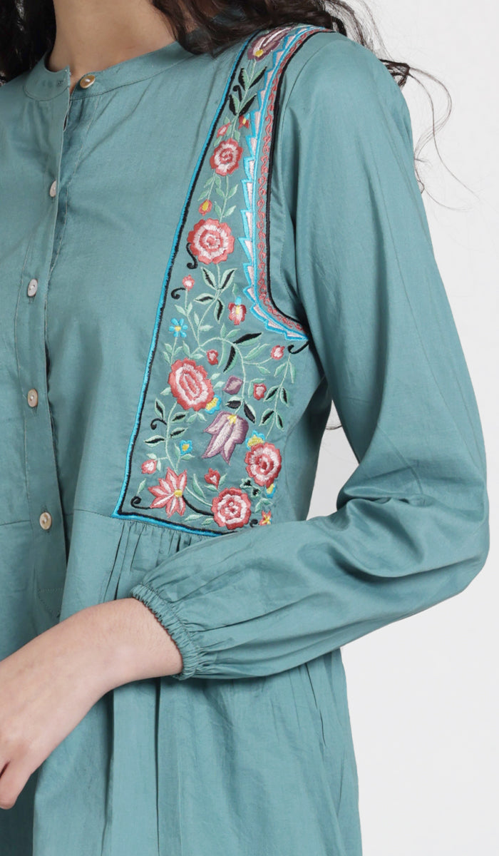 Marzo embroidered cotton modest buttondown tunic seagreen.