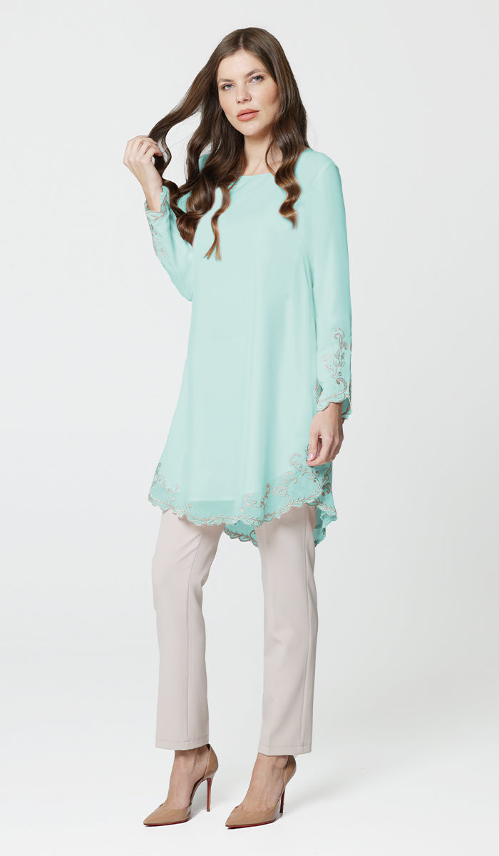 Meena Chiffon Formal Embroidered Long Modest Tunic - Aqua Blue