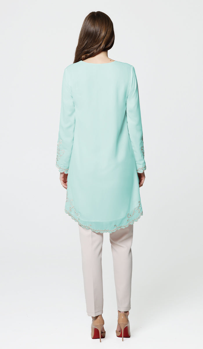 Meena Chiffon Formal Embroidered Long Modest Tunic - Aqua Blue