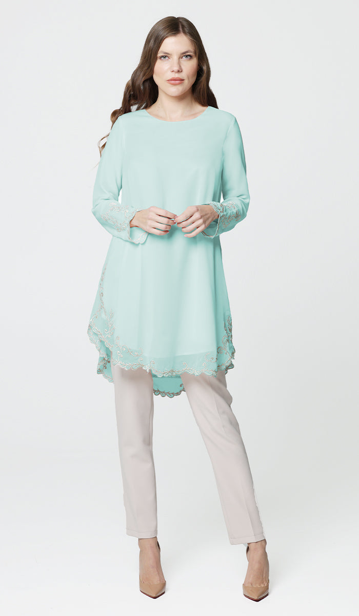 Meena Chiffon Formal Embroidered Long Modest Tunic - Aqua Blue