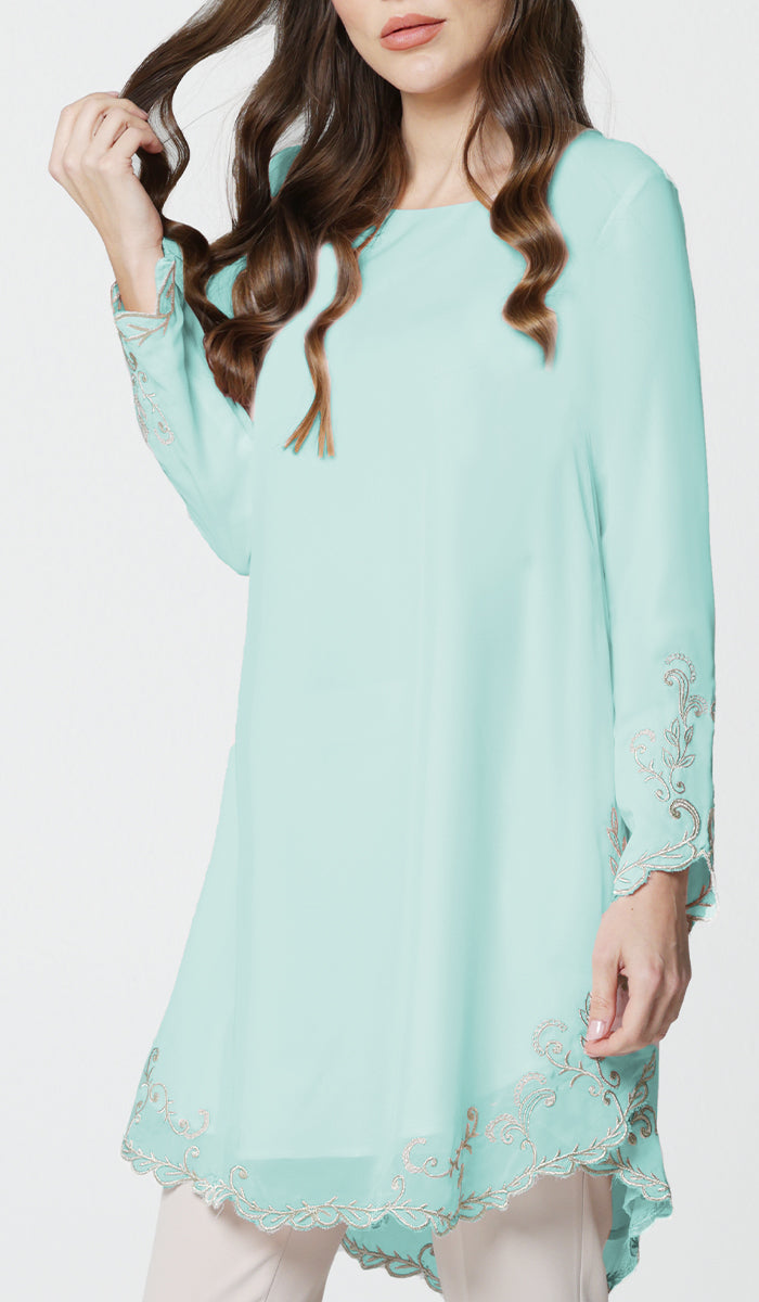 Meena Chiffon Formal Embroidered Long Modest Tunic - Aqua Blue