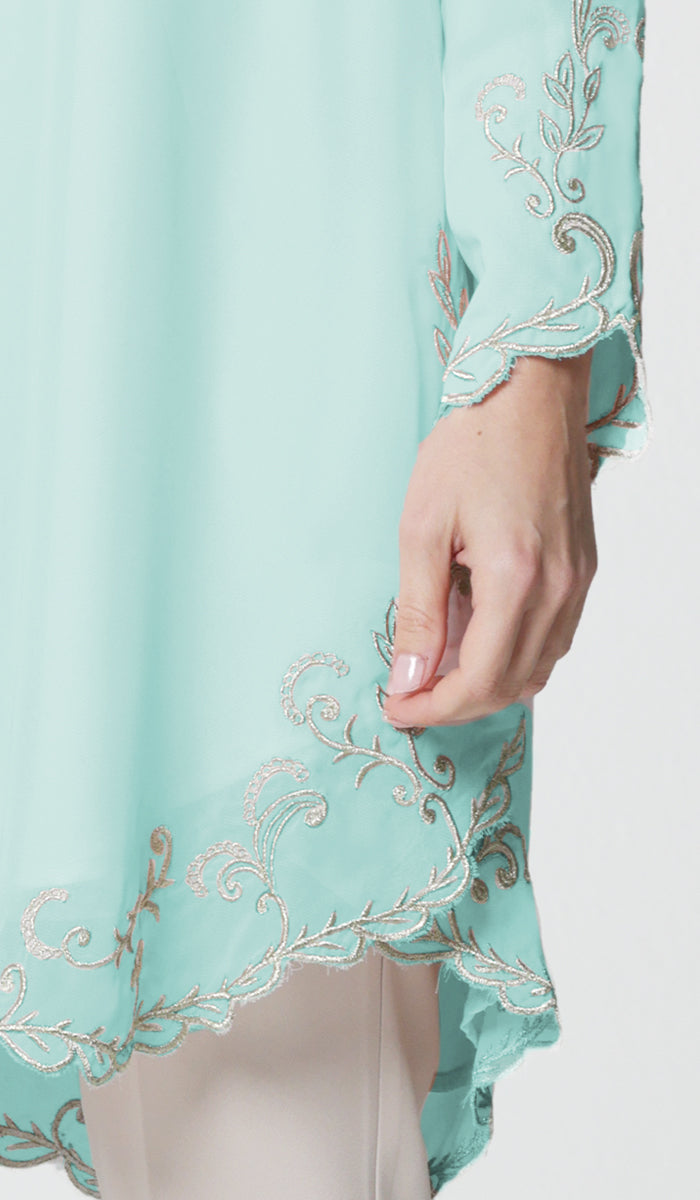 Meena Chiffon Formal Embroidered Long Modest Tunic - Aqua Blue