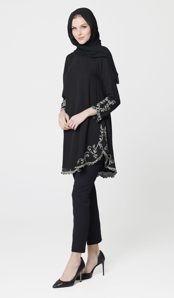 Meena Chiffon Formal Embroidered Long Modest Tunic - Black