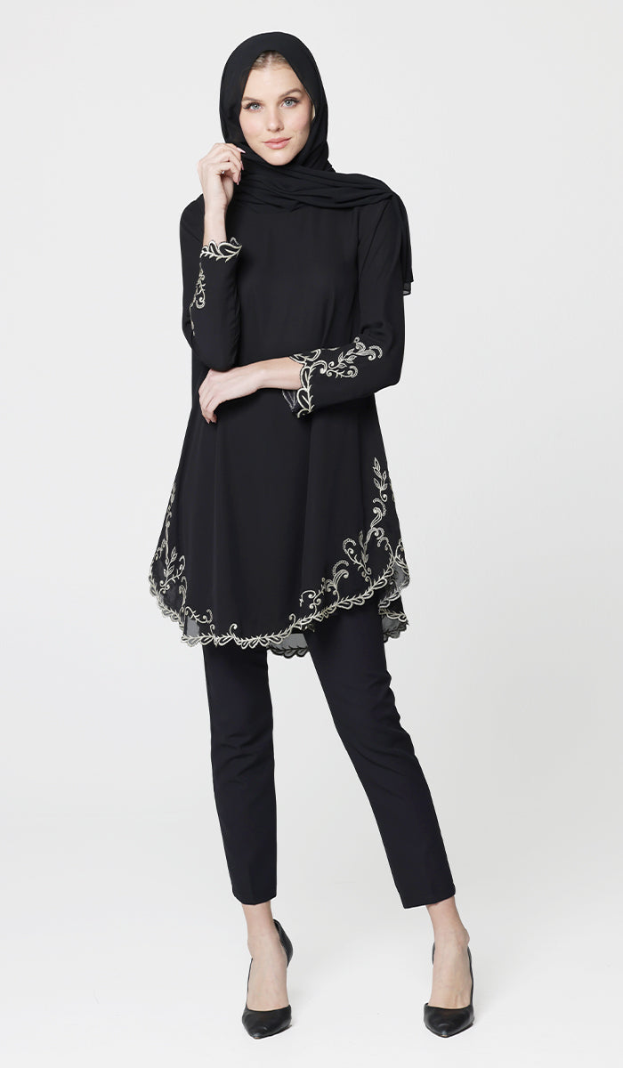 Meena Chiffon Formal Embroidered Long Modest Tunic - Black