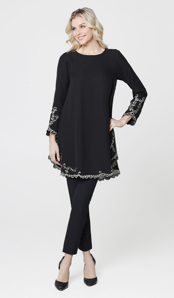 Meena Chiffon Formal Embroidered Long Modest Tunic - Black