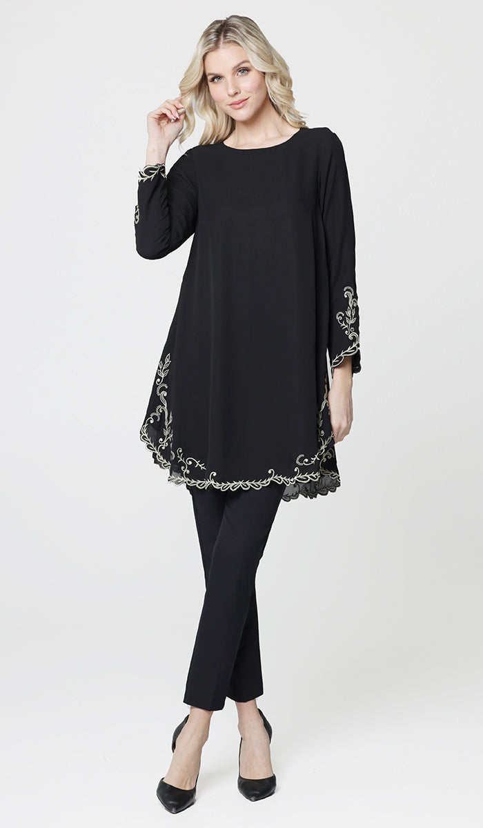 Meena Chiffon Formal Embroidered Long Modest Tunic - Black