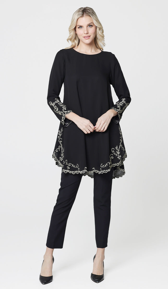 Meena Chiffon Formal Embroidered Long Modest Tunic - Black