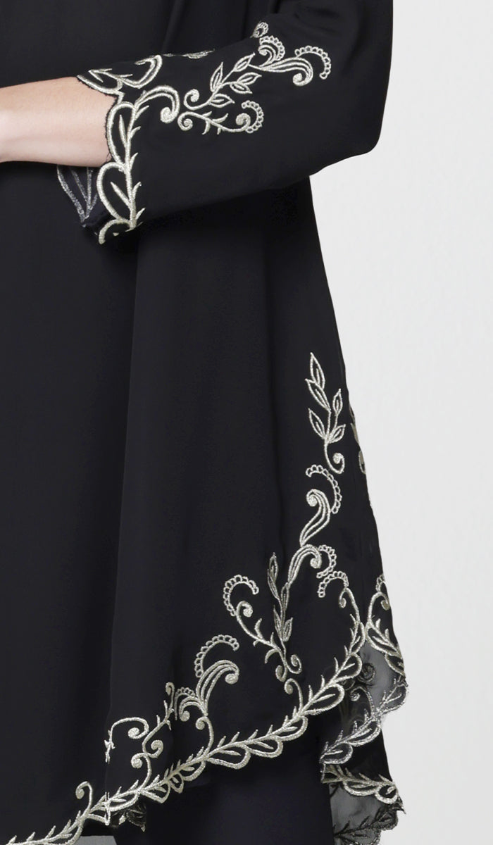 Meena Chiffon Formal Embroidered Long Modest Tunic - Black