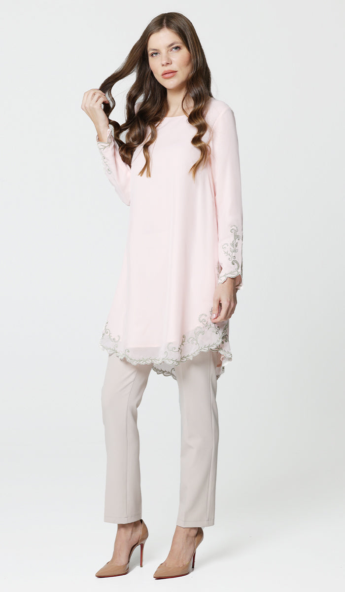 Blush pink Meena chiffon formal embroidered long modest tunic.