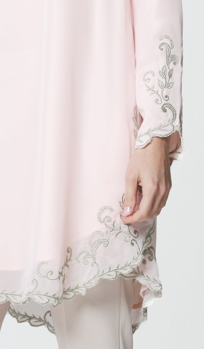 Details of Meena chiffon formal embroidered long modest tunic in blush.