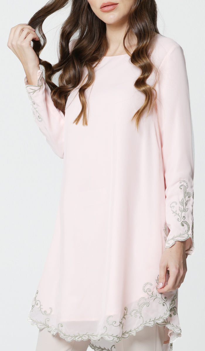 Meena chiffon formal embroidered long modest tunic in blush pink.