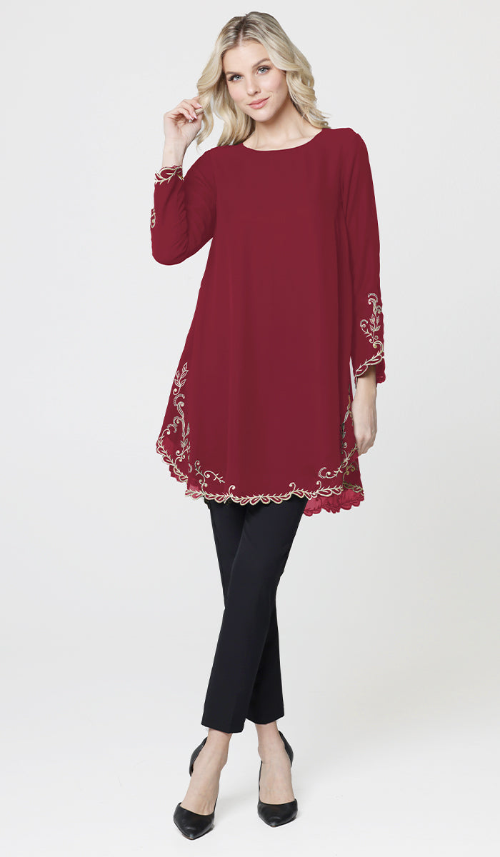 Meena Chiffon Formal Embroidered Long Modest Tunic - Maroon