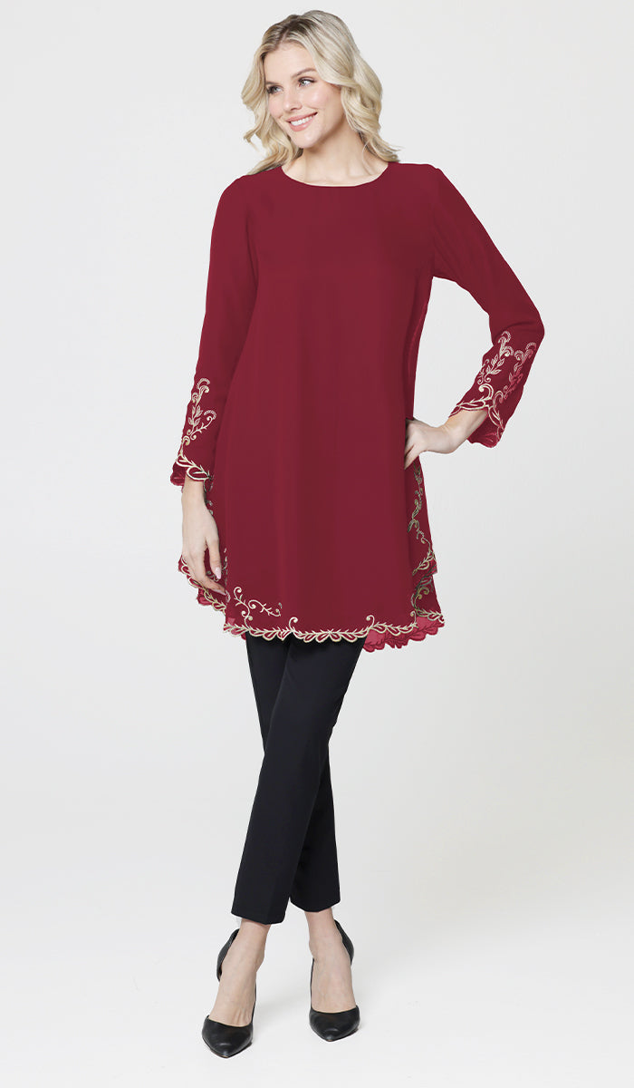 Meena Chiffon Formal Embroidered Long Modest Tunic - Maroon