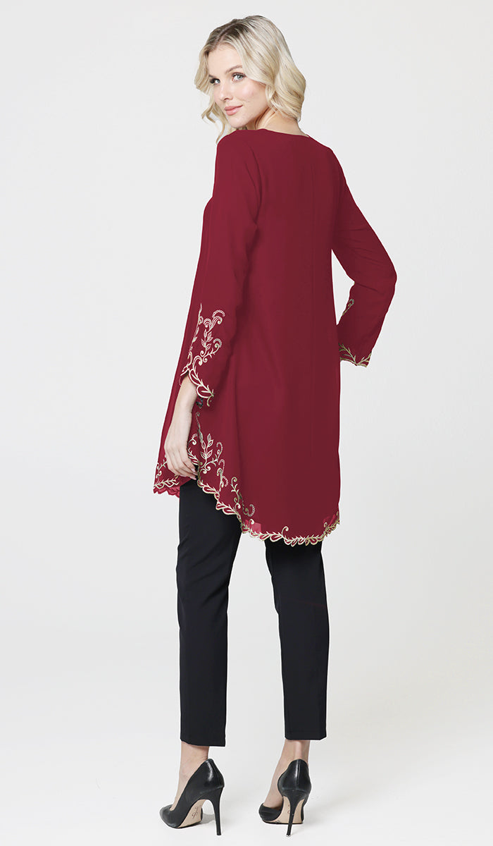 Meena Chiffon Formal Embroidered Long Modest Tunic - Maroon