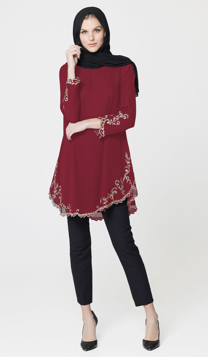 Meena Chiffon Formal Embroidered Long Modest Tunic - Maroon