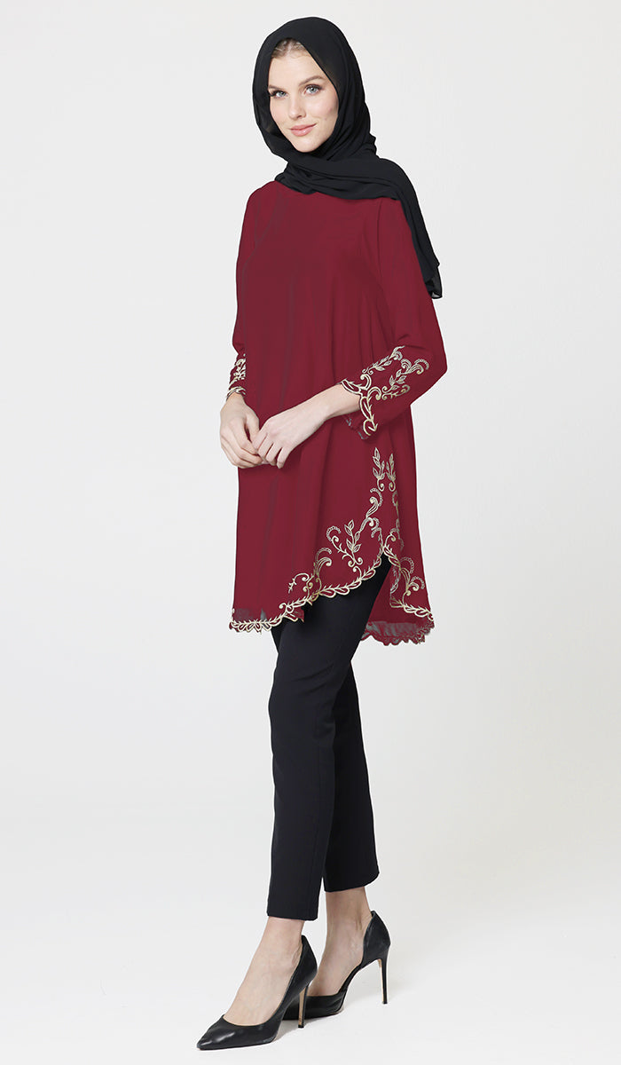 Meena Chiffon Formal Embroidered Long Modest Tunic - Maroon