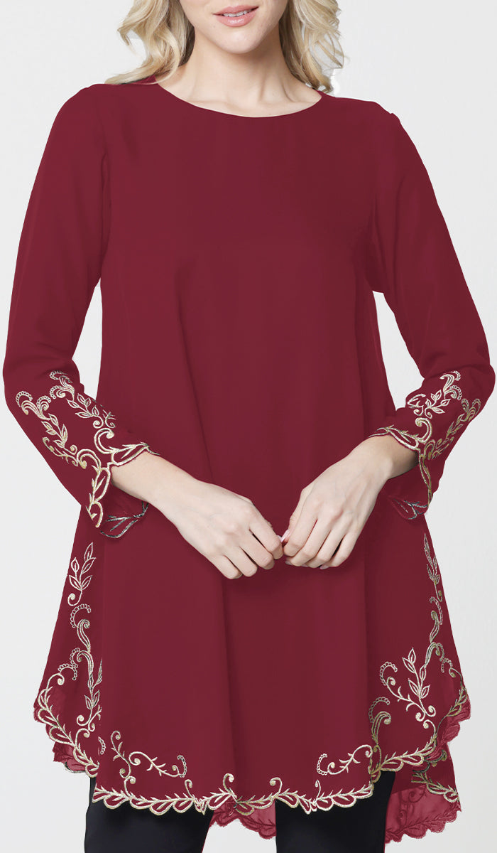 Meena Chiffon Formal Embroidered Long Modest Tunic - Maroon