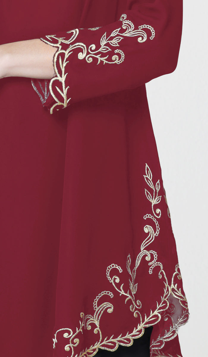 Meena Chiffon Formal Embroidered Long Modest Tunic - Maroon