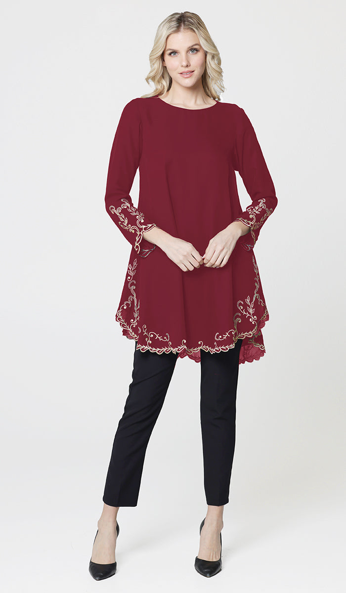 Meena Chiffon Formal Embroidered Long Modest Tunic - Maroon